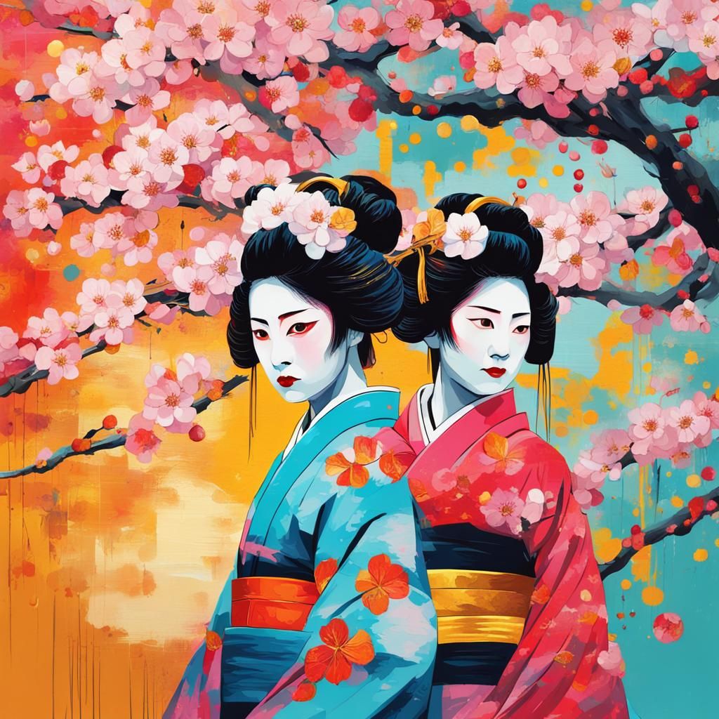Abstract Portrait of Japanese Cherry Blossom Park with Geish...