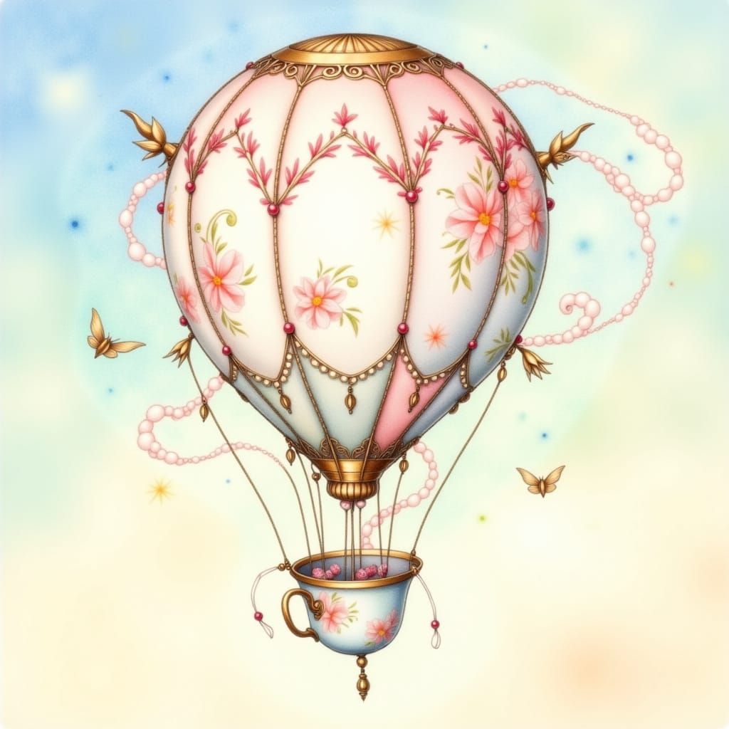 Teacup Hot Air Balloon in Pastel Sky Watercolor Style
