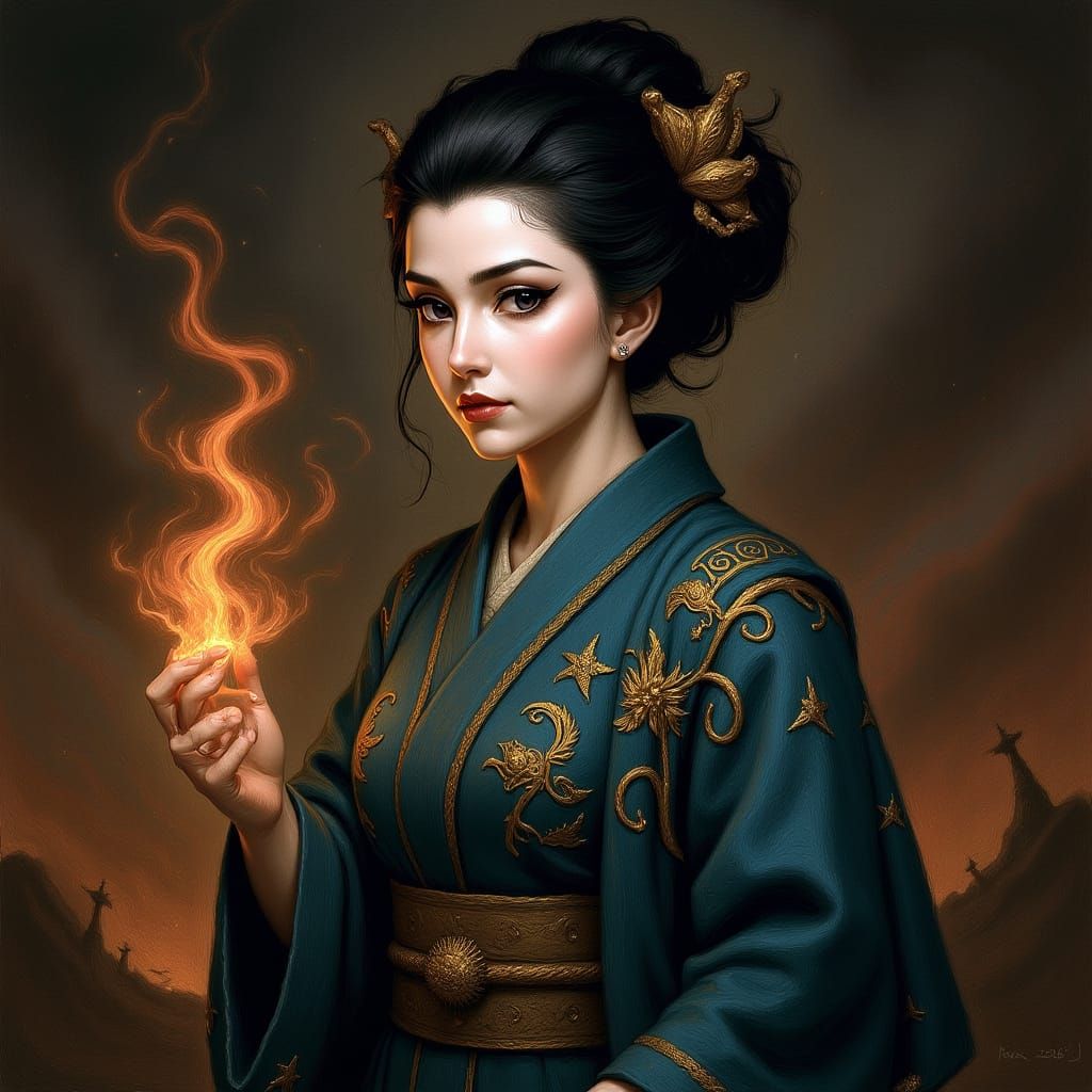 Cyberpunk Geisha with Ethereal Scarf in 3D Anime Style