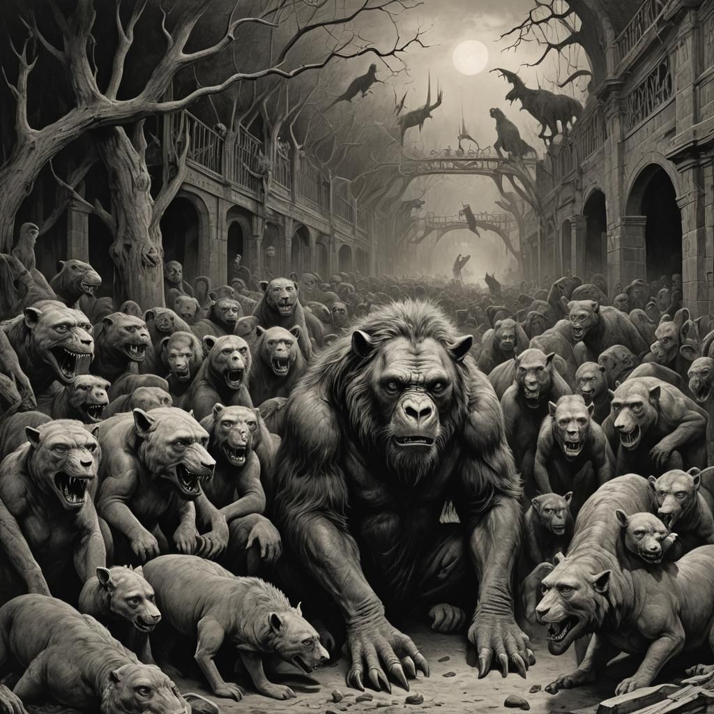 Horrific Zoo Scene in Dark Fantasy Style