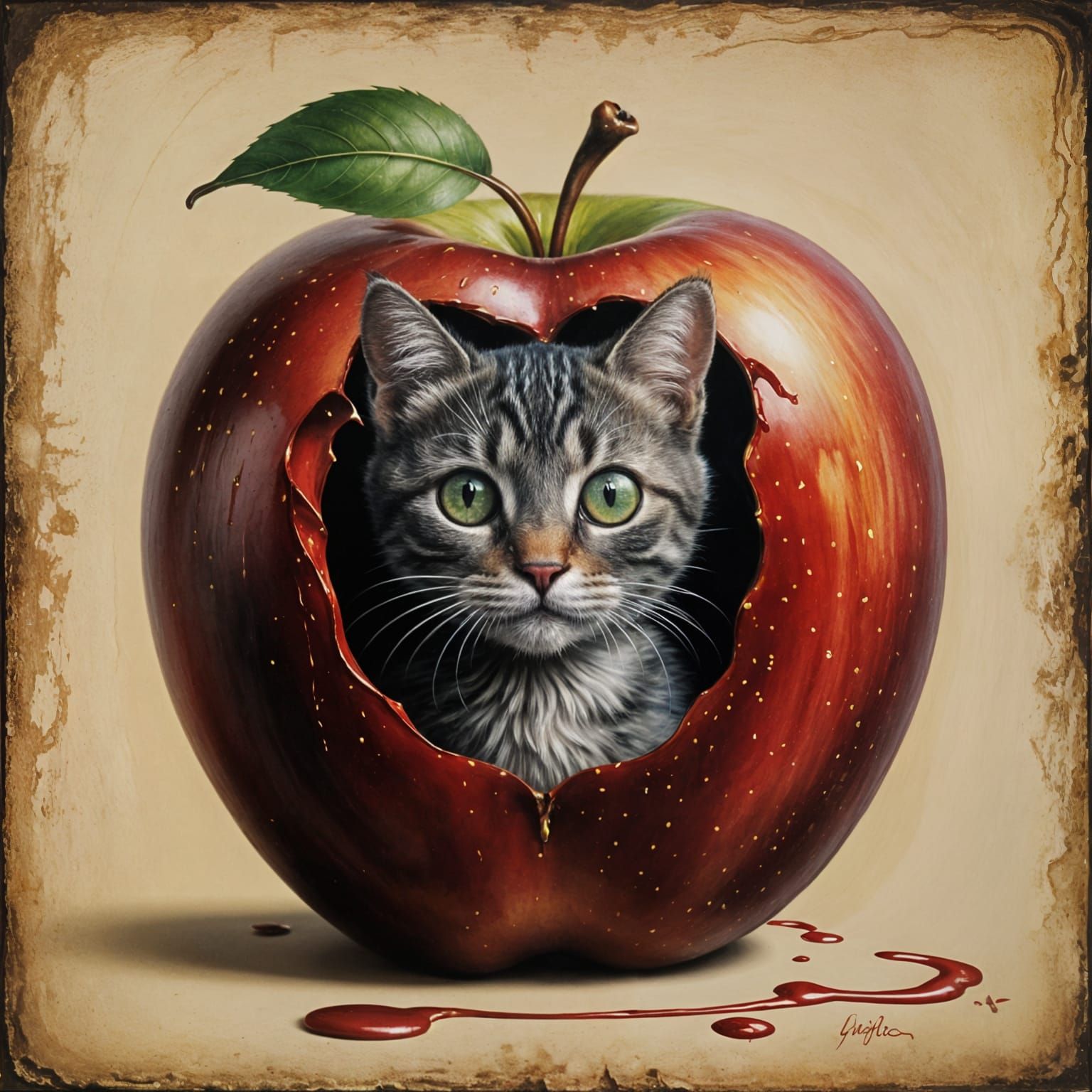 Kitten Portrait on a Melting Apple in Surrealist Art