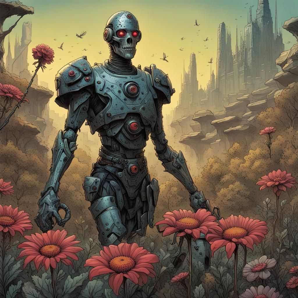 Surreal Cyborg Collecting Wildflowers in Sci-Fi Horror Style