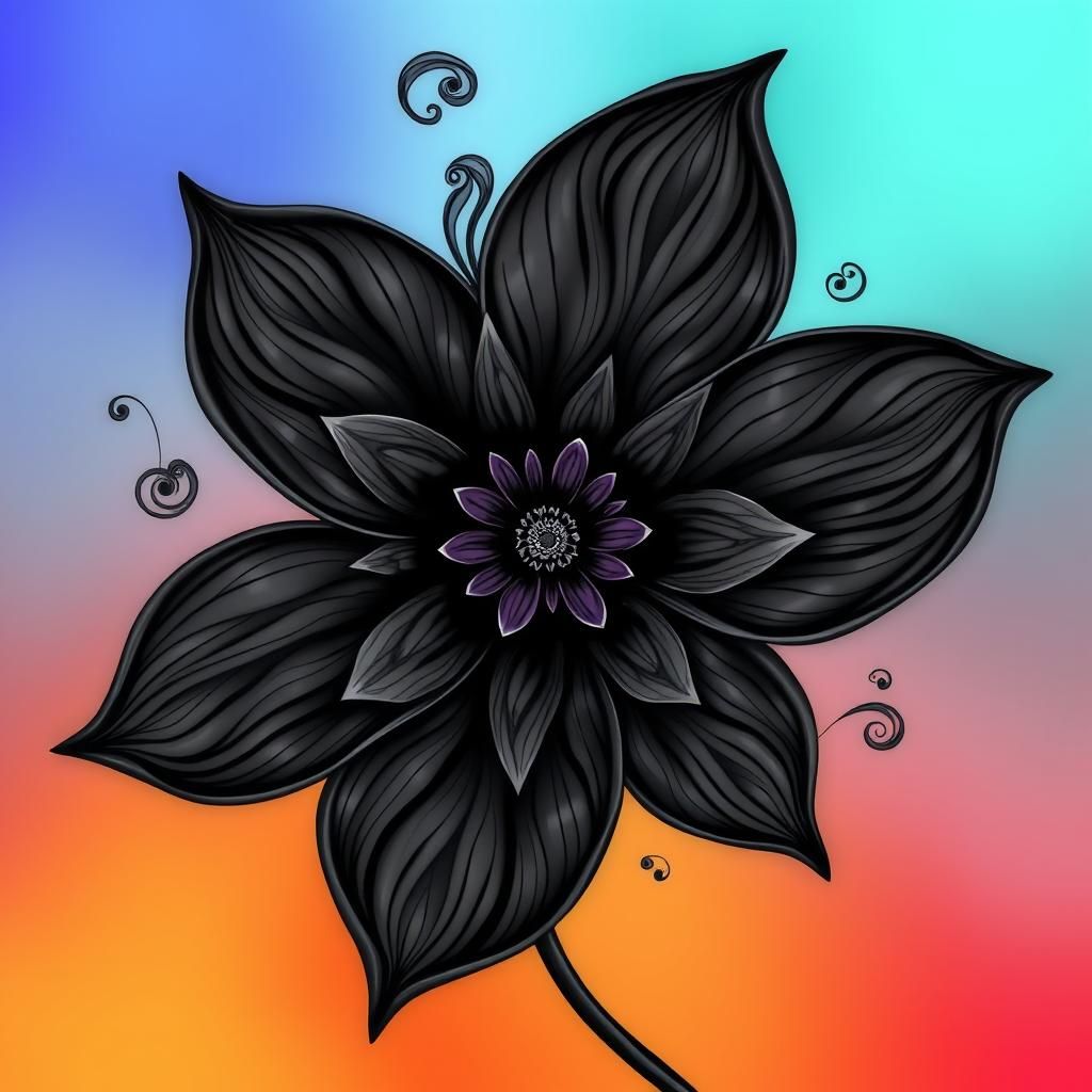 Black Flower Abstract with Fractal Zentangle Design