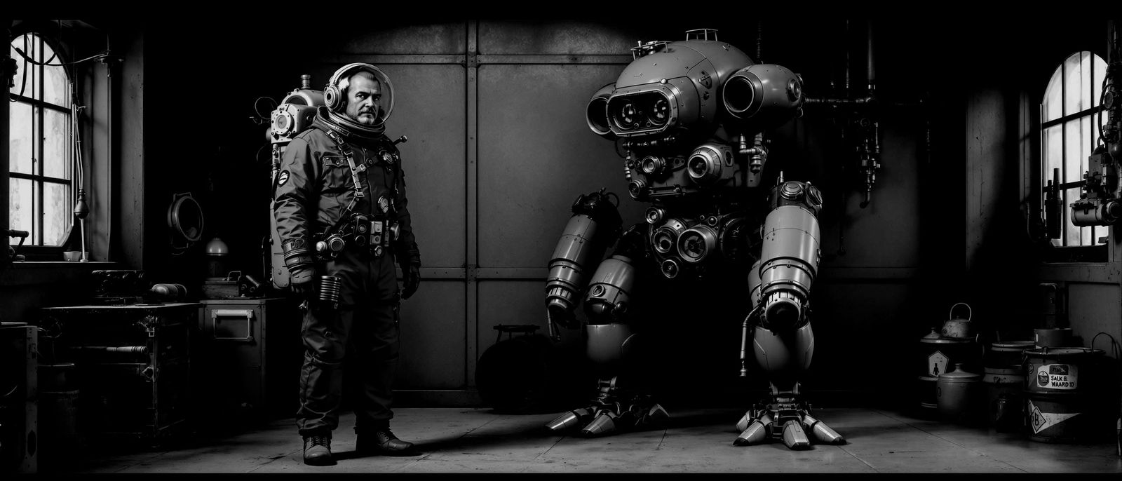 Steampunk Man and Antique Robot in Vintage Sci-Fi Style