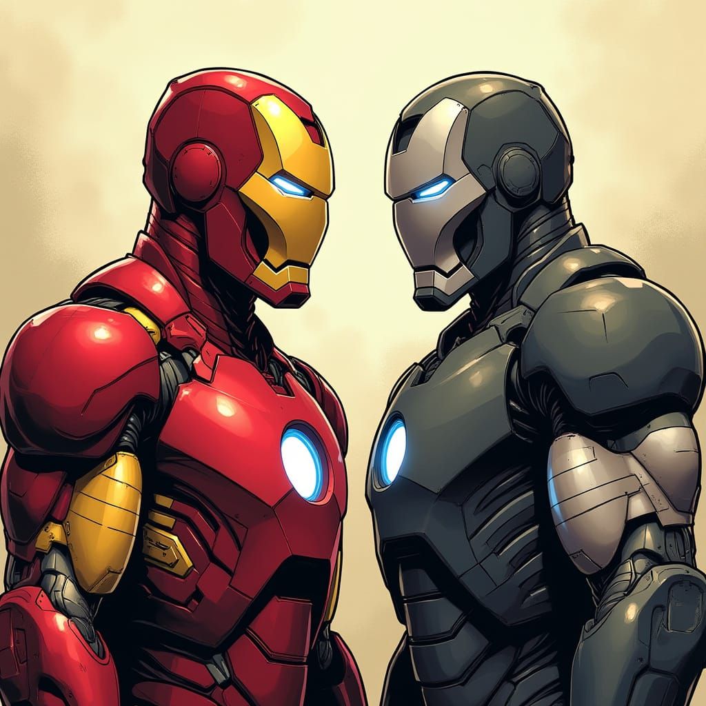 Iron Man and War Machine Stand Together in Comic Book Style