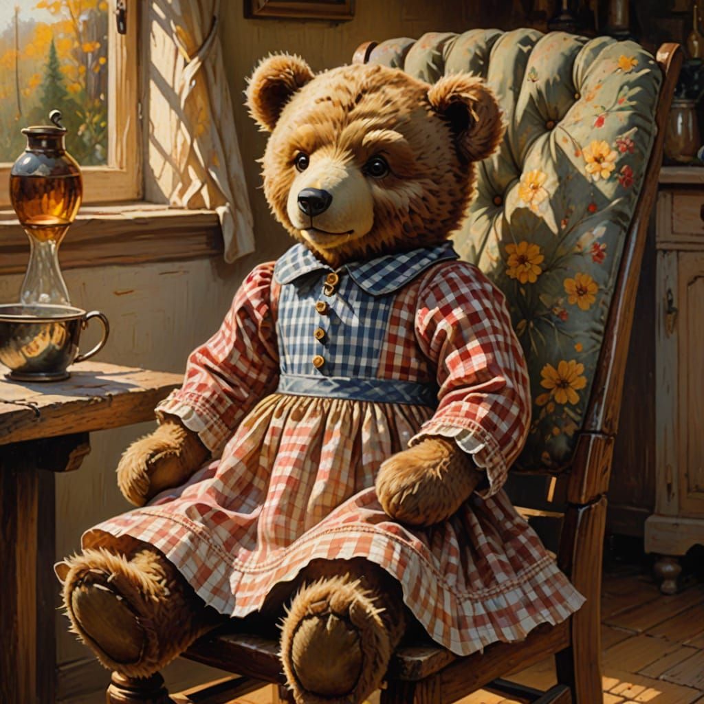 Whimsical Gingham Teddy Bear in Warm Golden Light