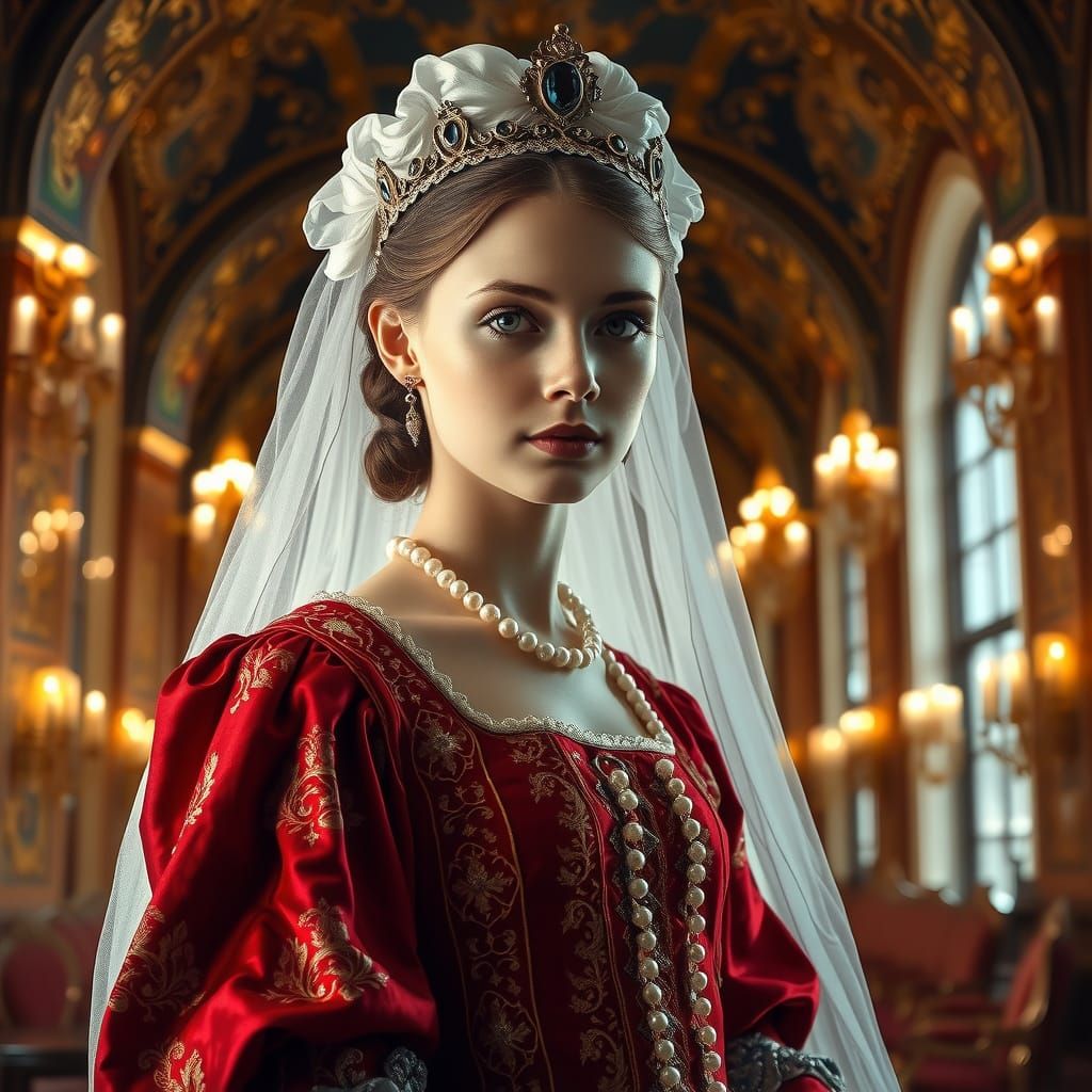 Regal Russian Noblewoman in Resplendent Red Brocade Gown