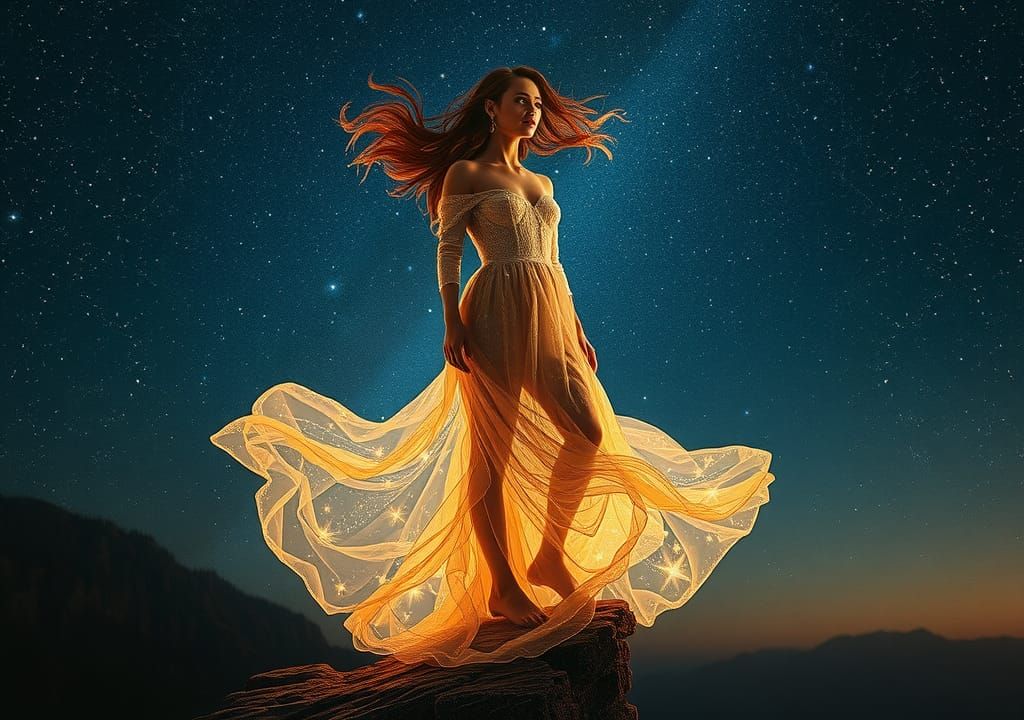 Cosmic Woman on Cliff in Futuristic Style