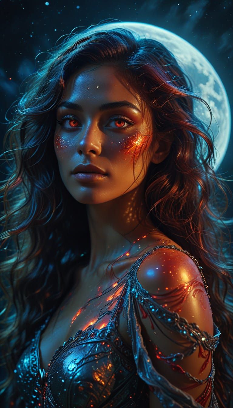 mysterious beautiful woman with glowing Red glowing eyes