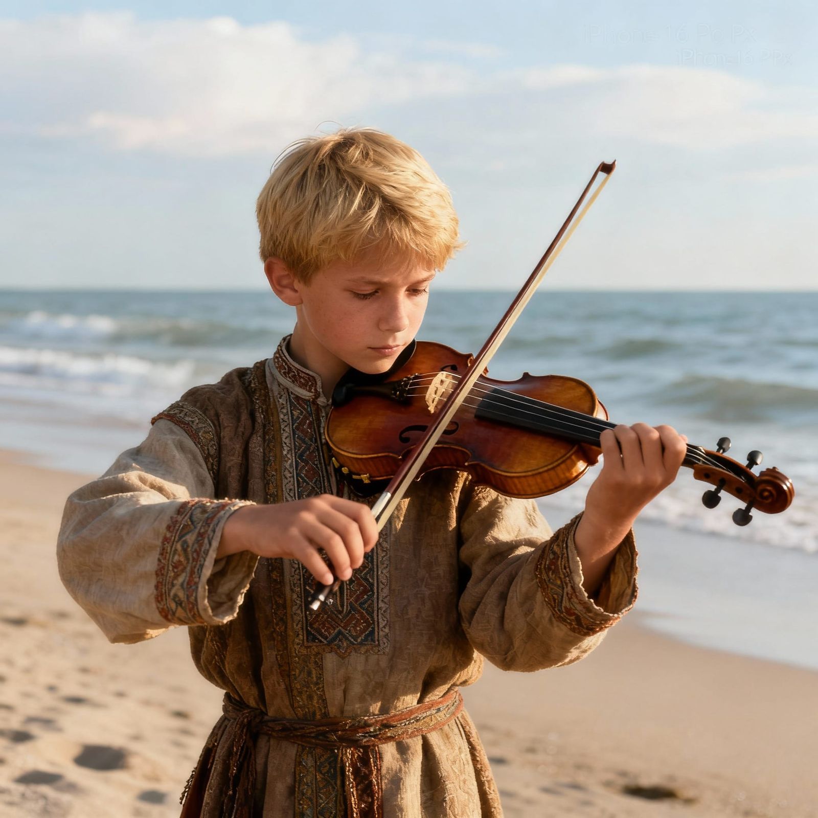 Boy Plays Violin on Quiet Beach in Traditional Clothes