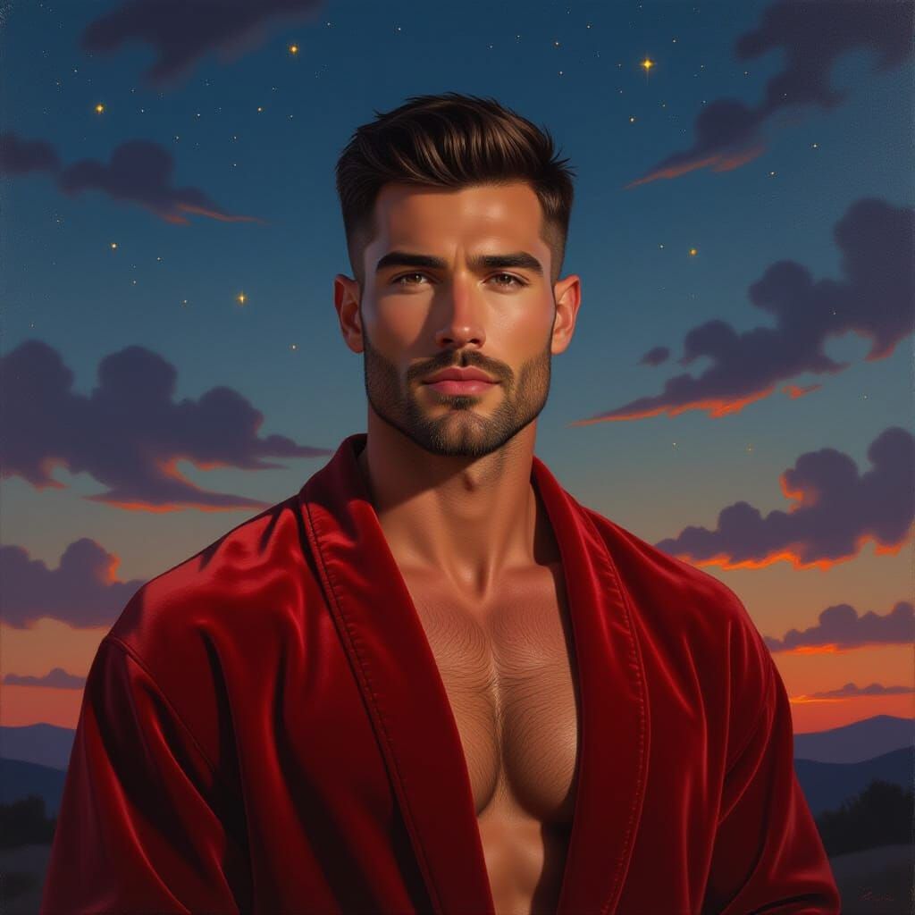 Man in Red Velvet Robe, Impasto Oil Painting