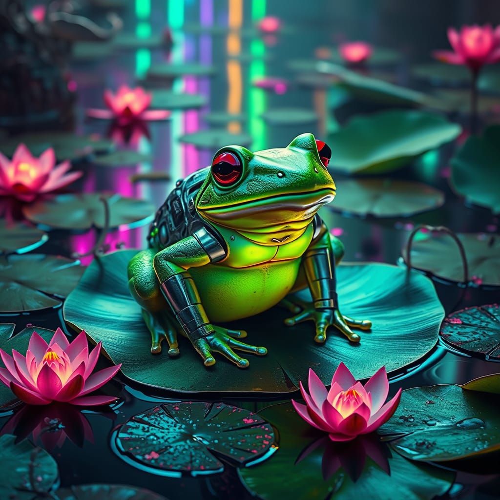Cyberpunk Frog in Dystopian Neon Pond