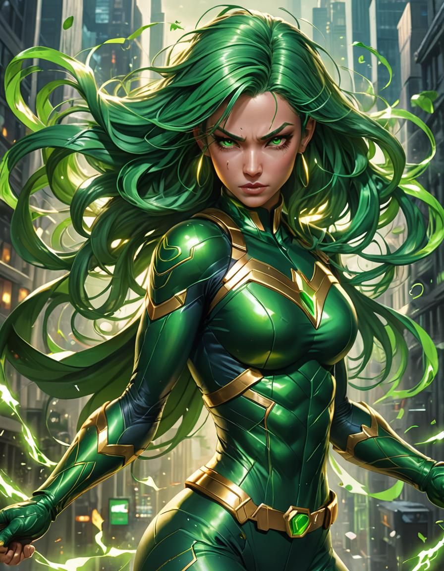 Dynamic Superheroine with Green Energy, Anime Art