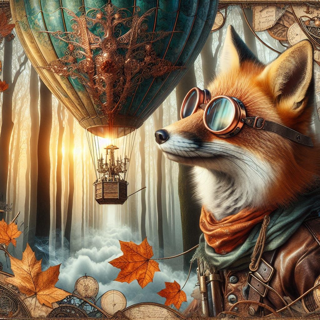 Hot Air Balloon, Woodland Creature, Mixed Media.