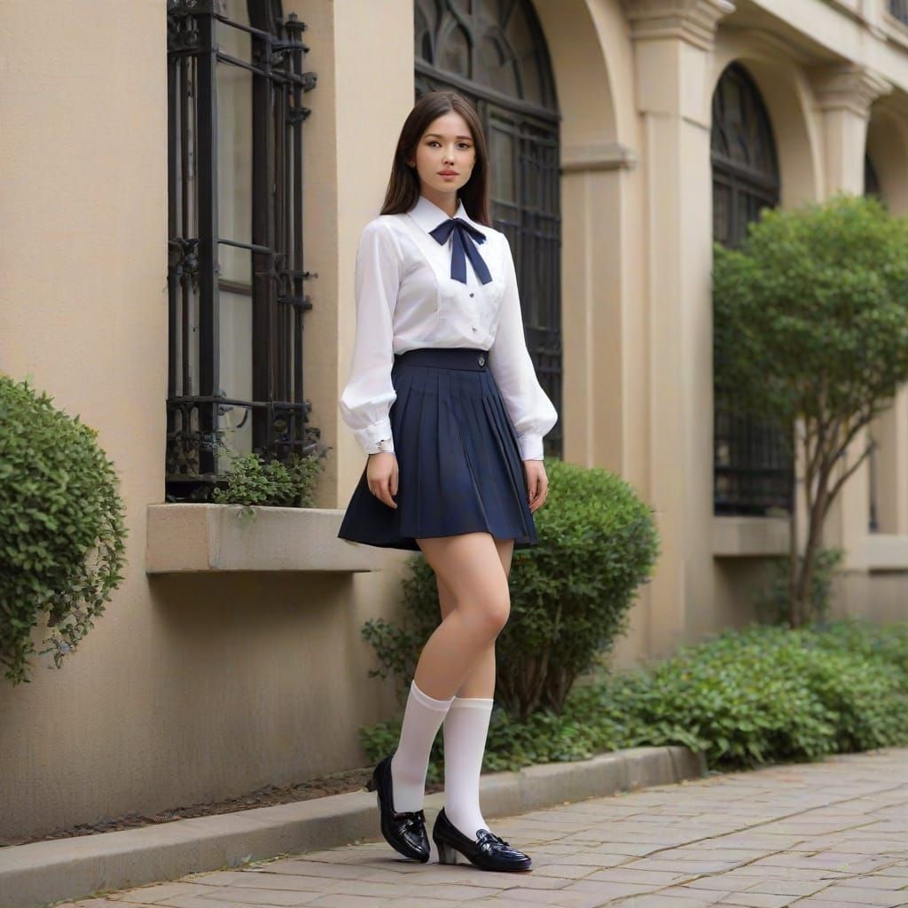 Japanese Schoolgirl in Custom Uniform with Unique Blouse