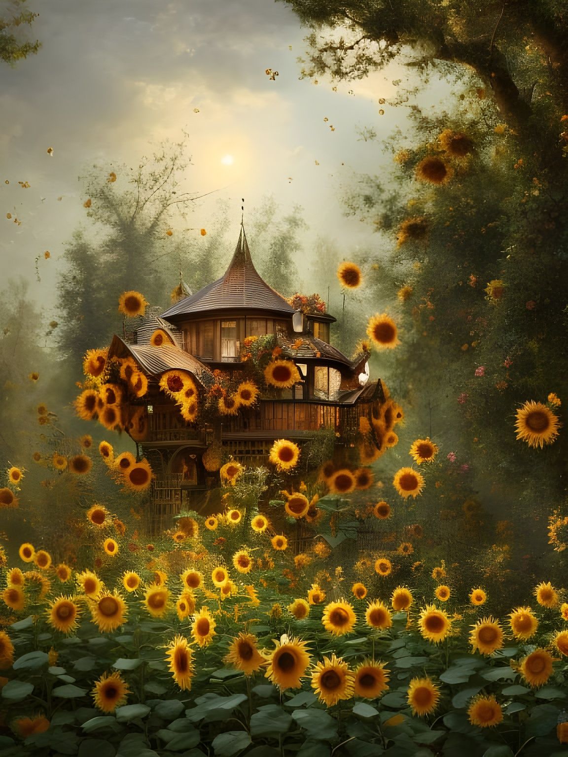 Hyperrealistic Flowery Treehouse in Russian Garden