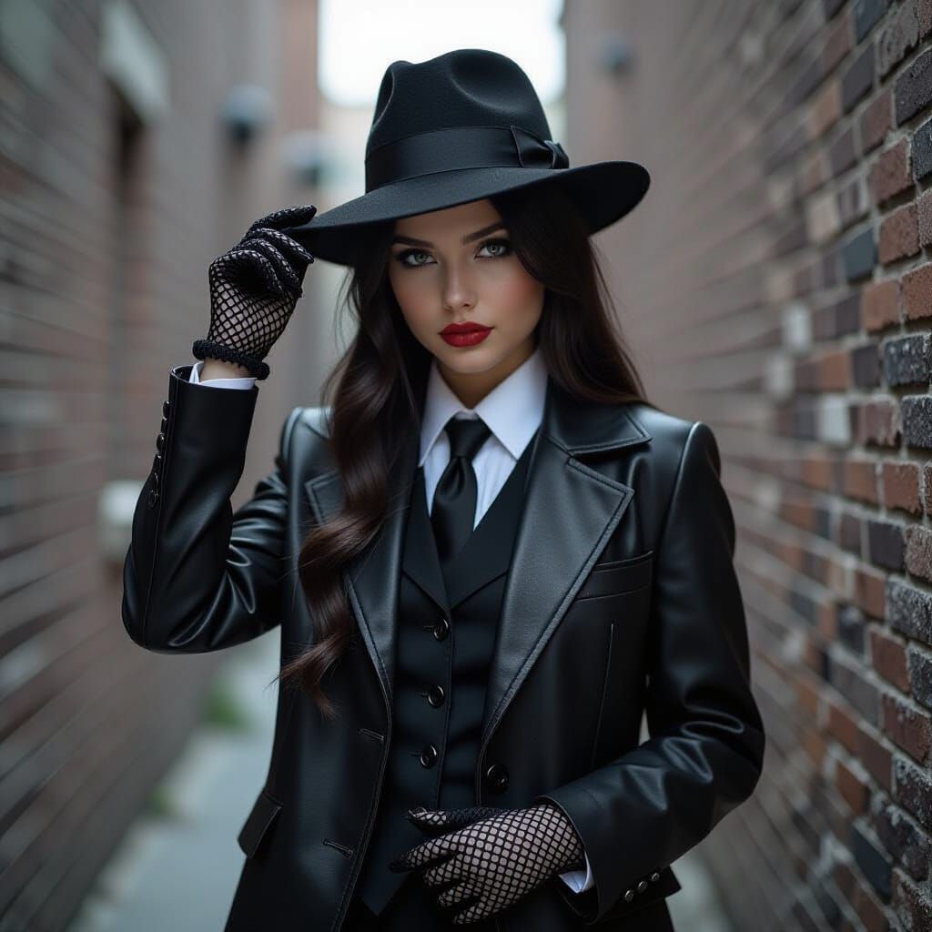 Gothic Girl in Mobster Suit, Dark Mixed Media Art