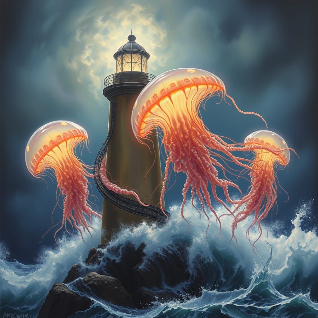 Giant Alien Jellyfish Hug Lighthouse, Gurney Style