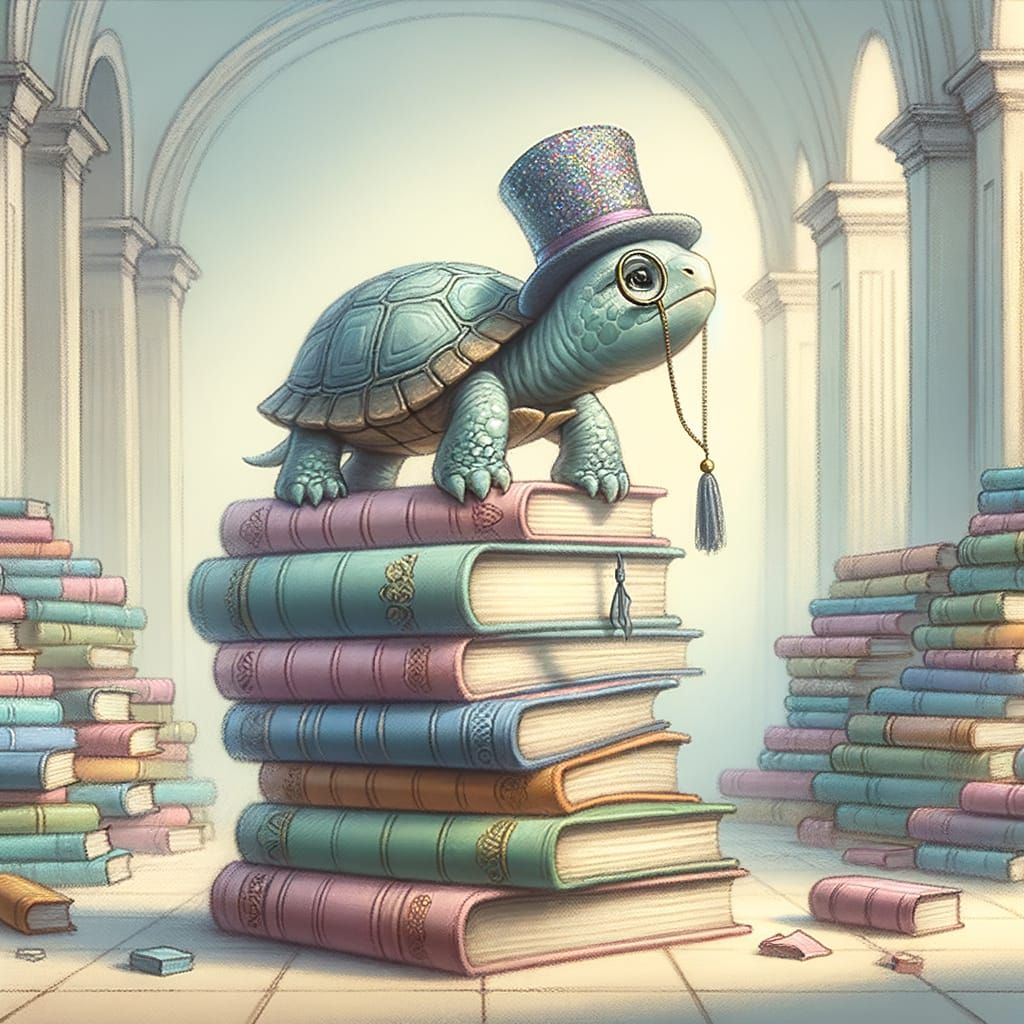 Humorous Turtle Balances Books in Pastel Chalk Art