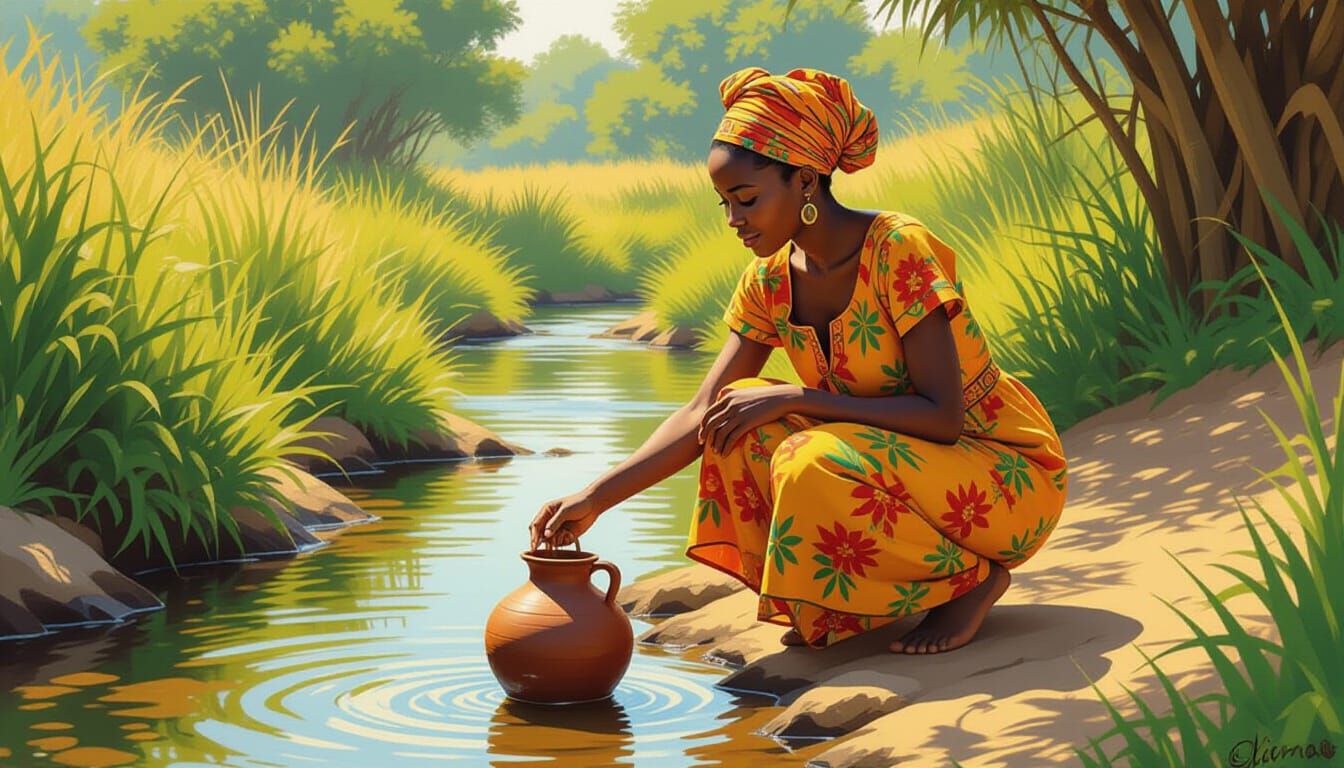 African Girl Fetching Water by Stream: Textured Brushstrokes