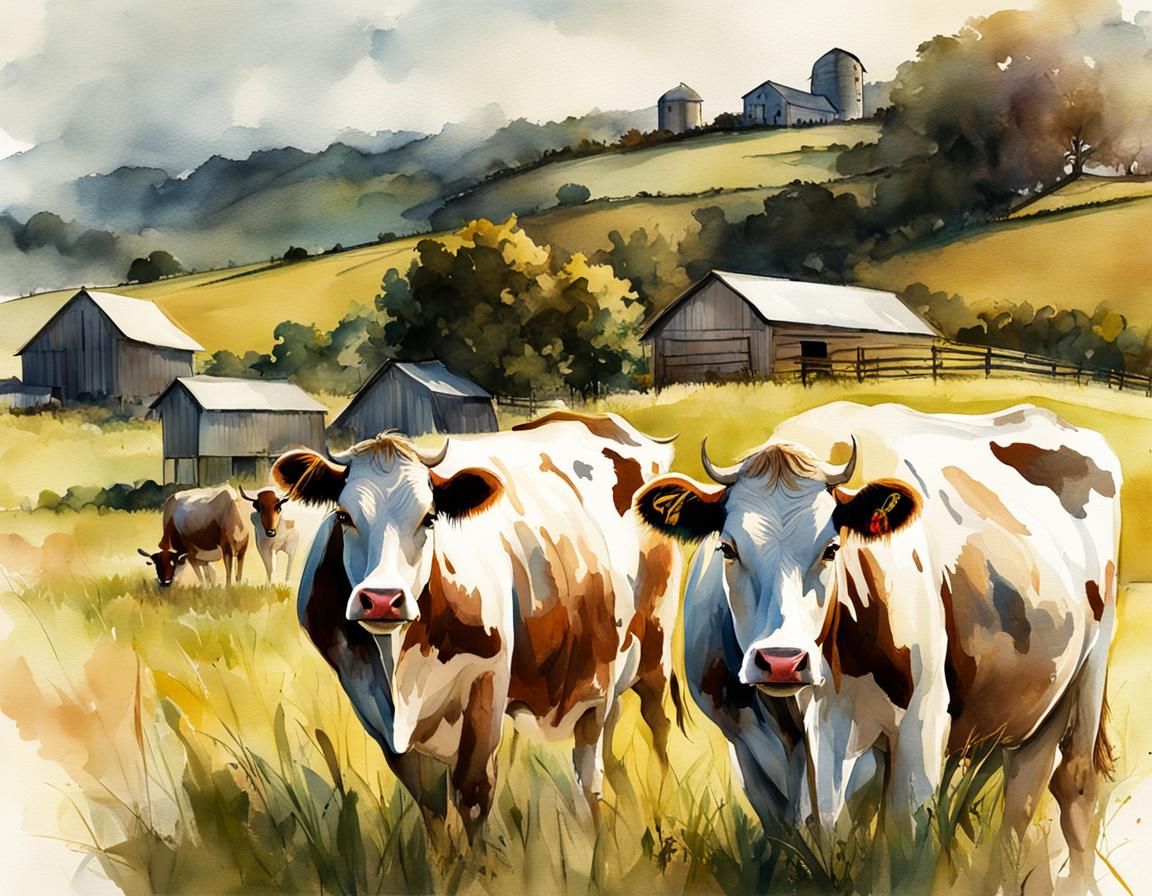 Dairy Cows Grazing: Digital Watercolor Summerscape