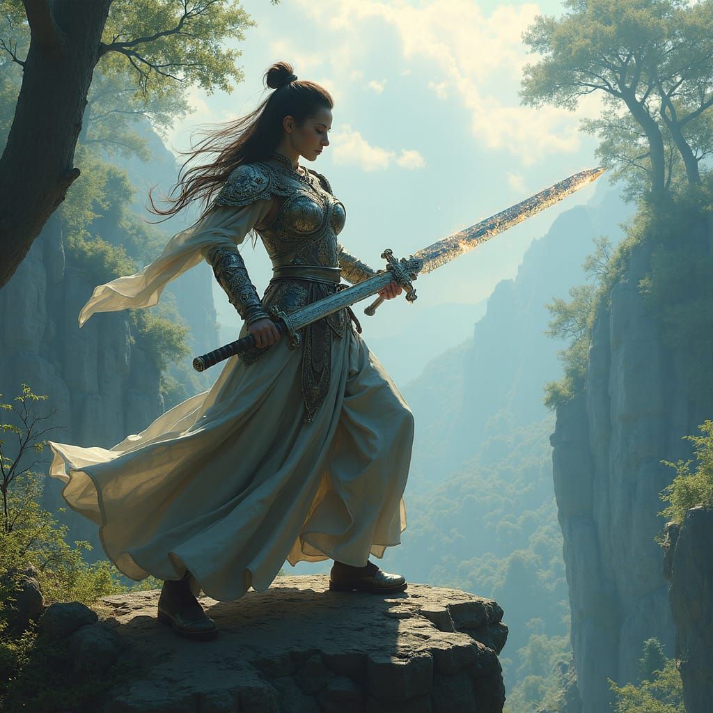 Mystical Warrior Woman with Crystal Katana, Matte Painting