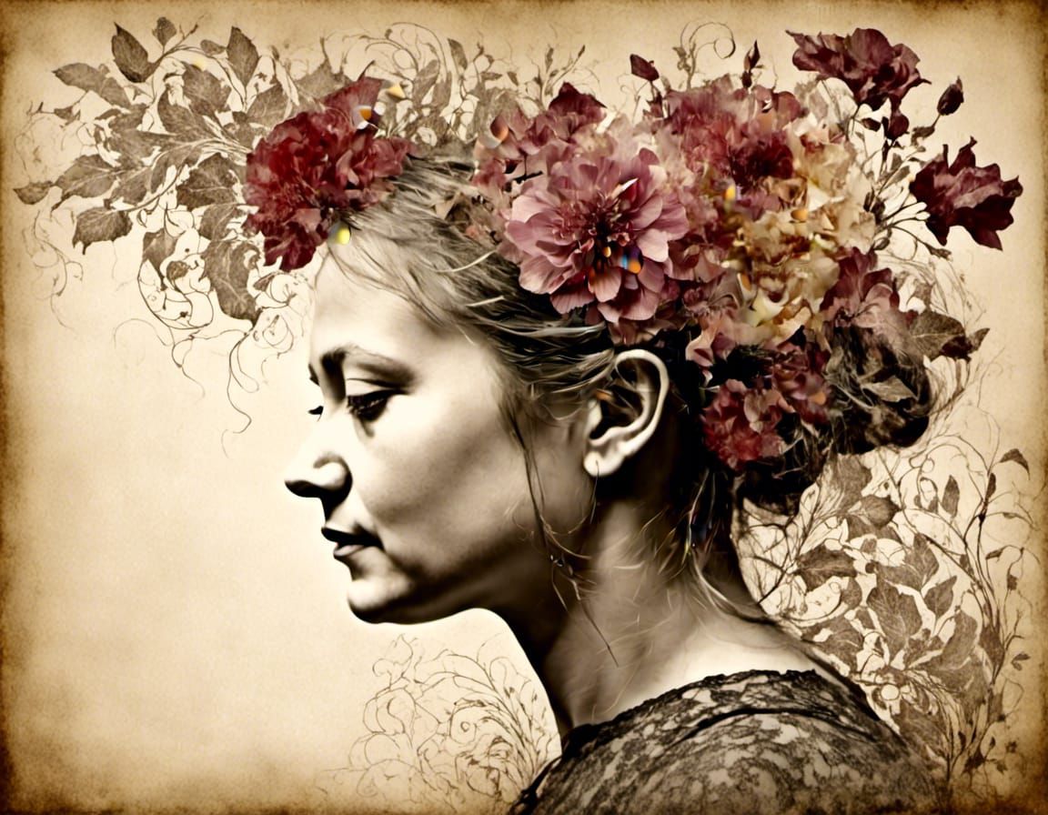 Floral Head: Double Exposure Water-Ink Art
