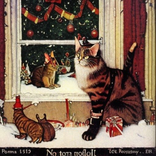 Yule Cat in Norman Rockwell Style