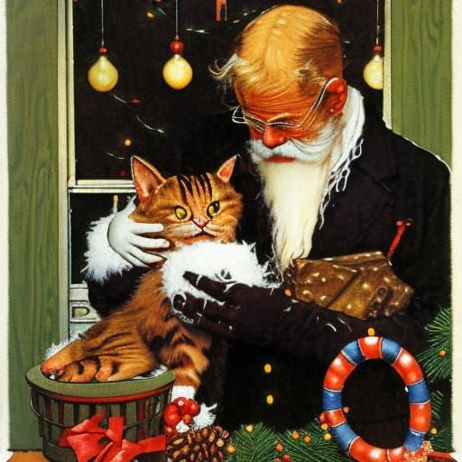 Yule Cat in Norman Rockwell Style