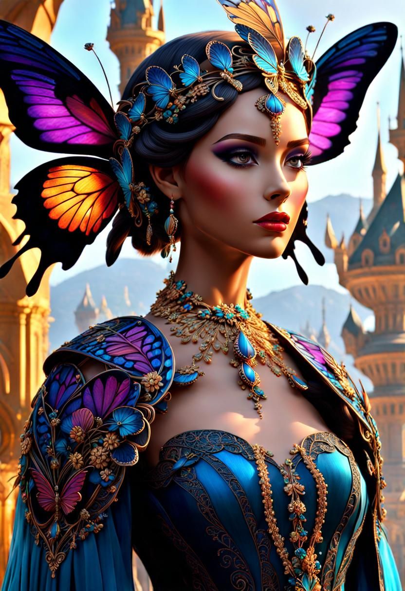 Fairy Queen with Gemstone Butterflies, Dark Fantasy Art