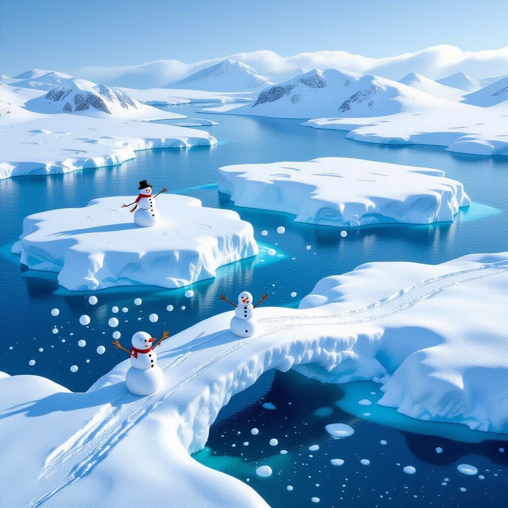 Happy Snowman Crosses Icy Bridge Between Floating Islands