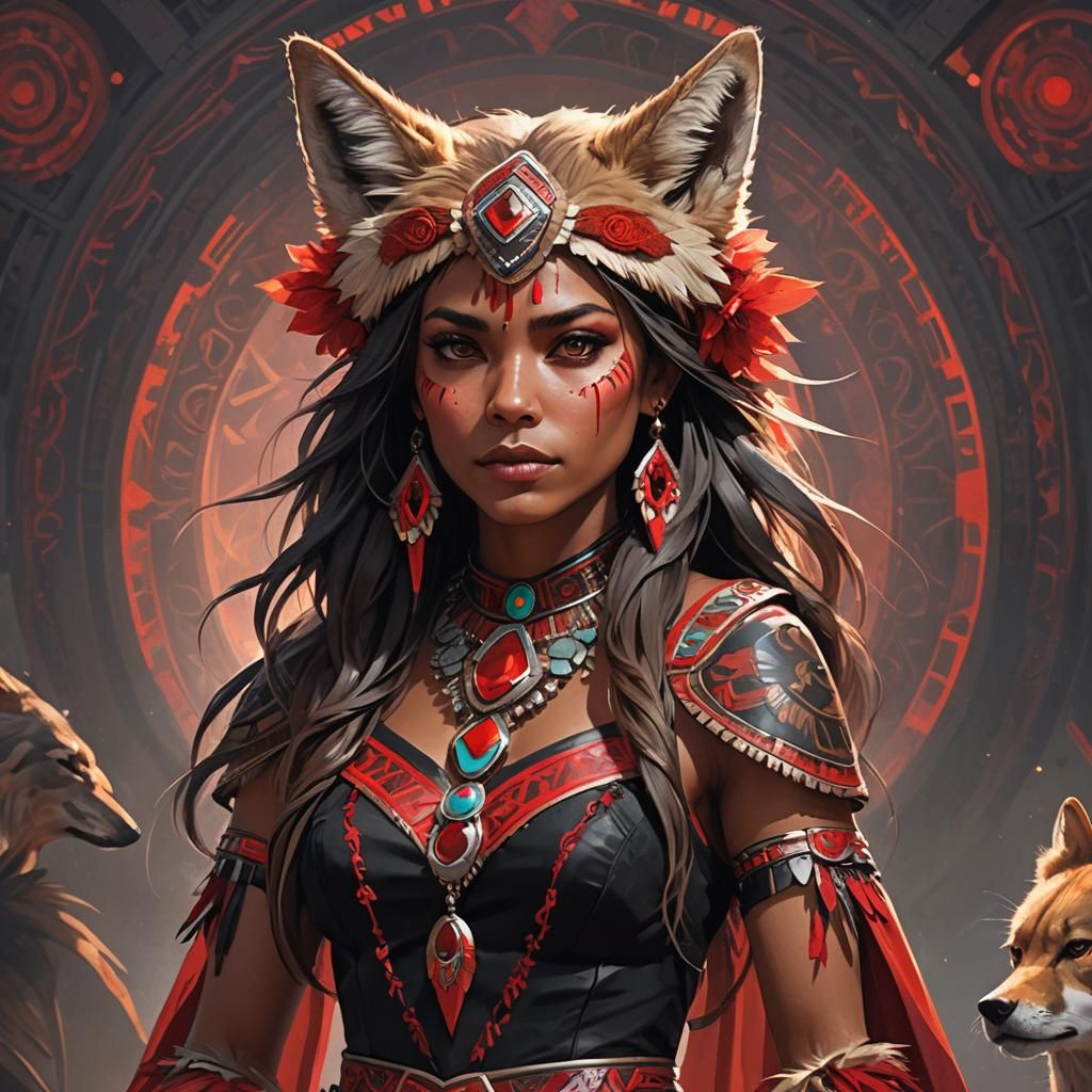 Indigenous Coyote Girl Portrait in Red and Black