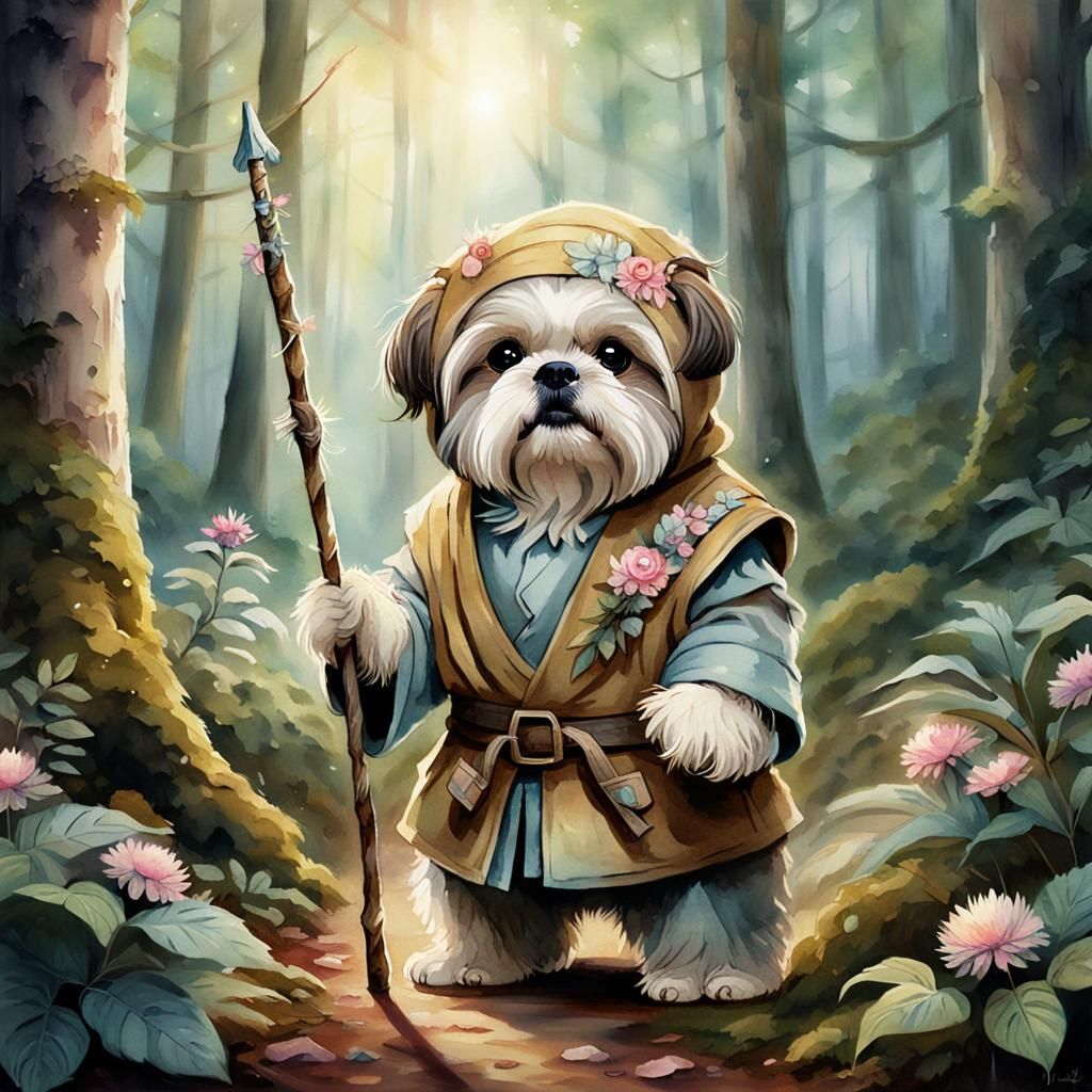 Shih Tzu Ewok in Lush Forest: Watercolour Art