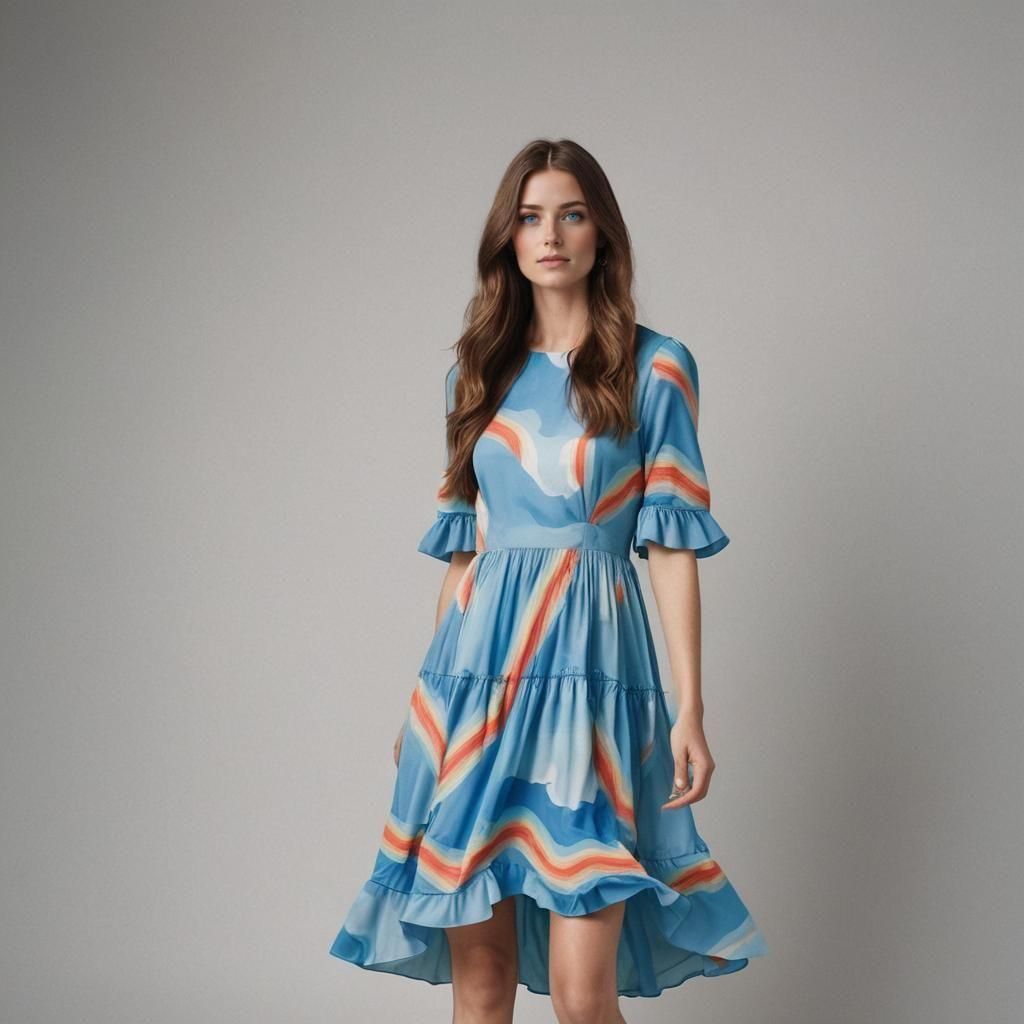 Beautiful Model in Blue Monochrome Rainbow Dress