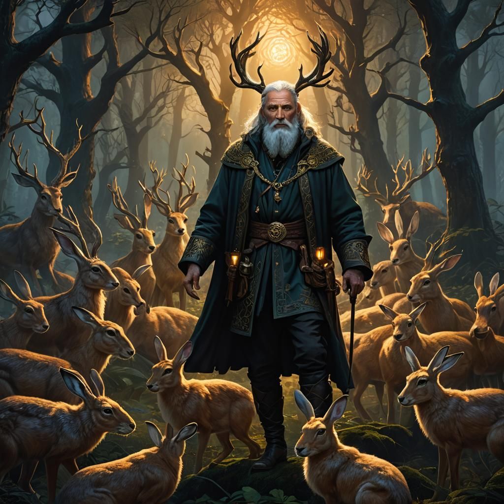 Grandfather Mazai in Mystical Forest with Glowing Hares