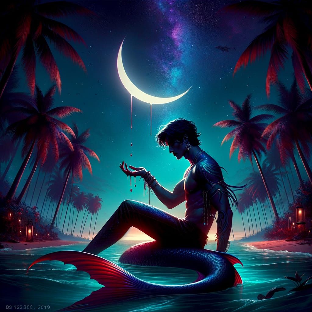 Dark Haired Mermaid Sits on Inverted Cross Under Crescent Mo...