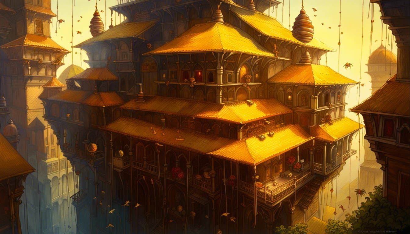 Honeybee Kingdom Architecture Painting in Hyper-Detailed Sty...