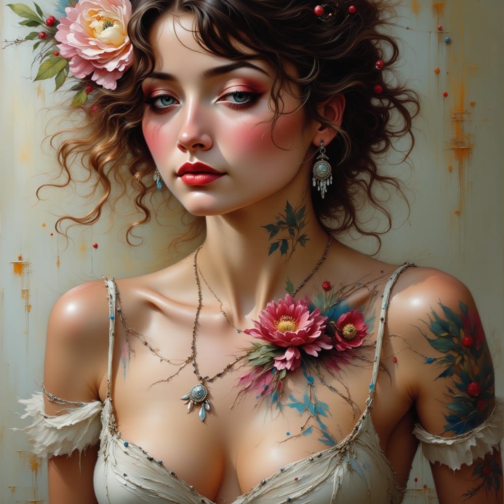 Woman with Floral Tattoo, Ethereal Dreamscape