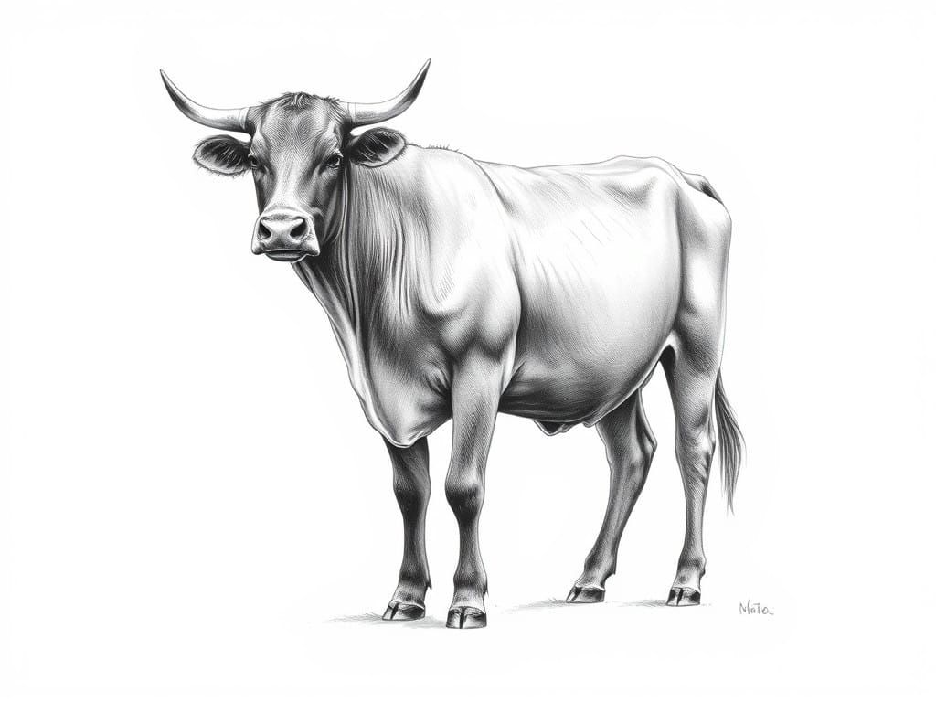Majestic Standing Cow in Exquisite Charcoal Pencil Drawing