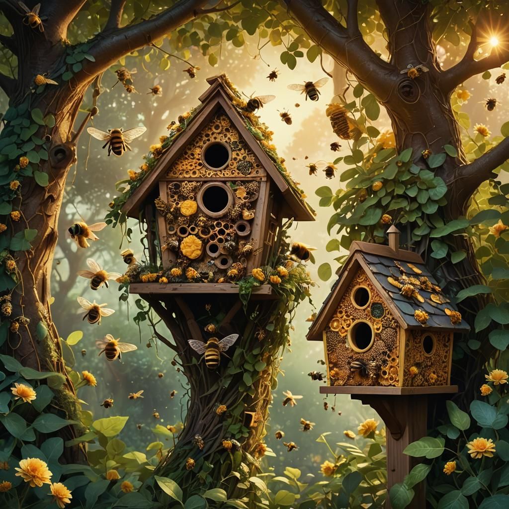Bees Swarming Honeycomb Birdhouse, Digital Matte Painting