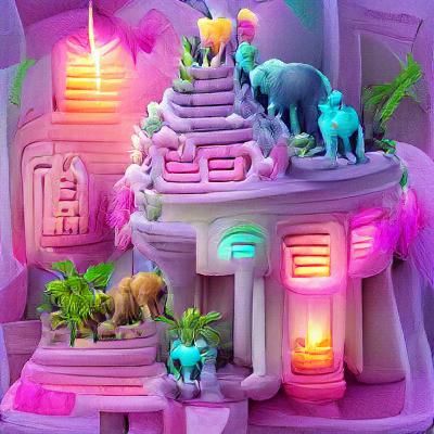 Neon Jungle Temple with Pastel Animals
