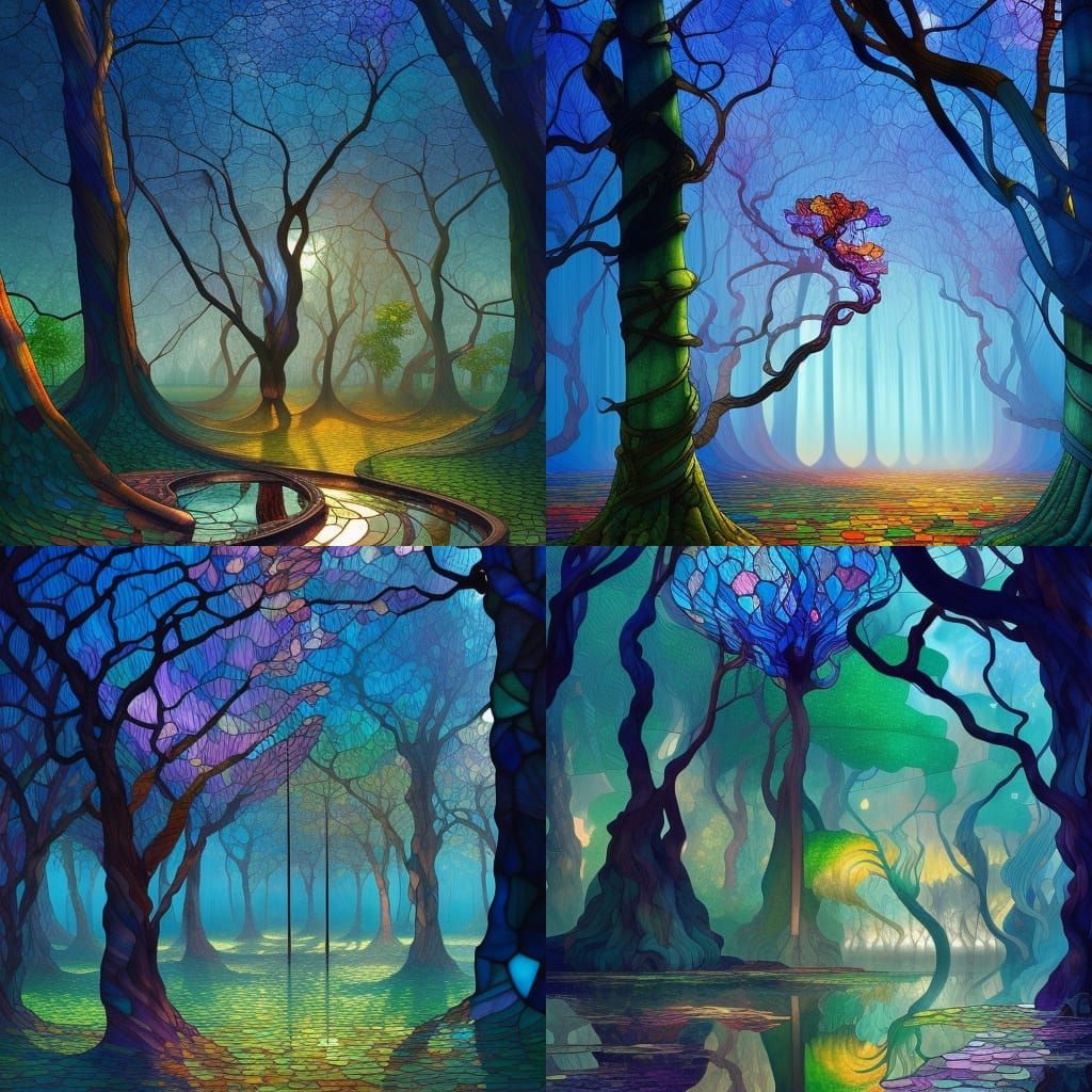 Stained Glass Trees in Zen Digital Landscape Art