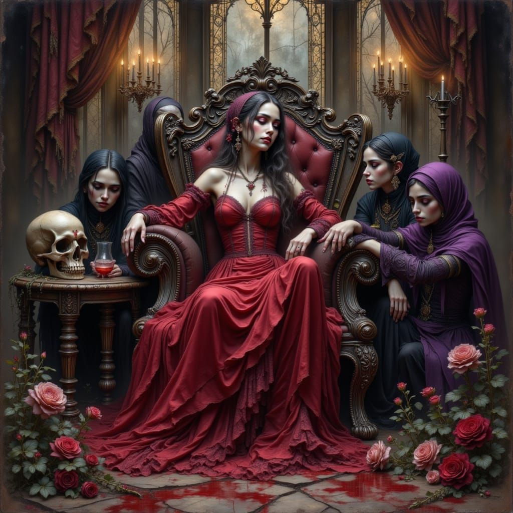 Lysara, Blood Queen of Crimson Court in Dark Fantasy Style