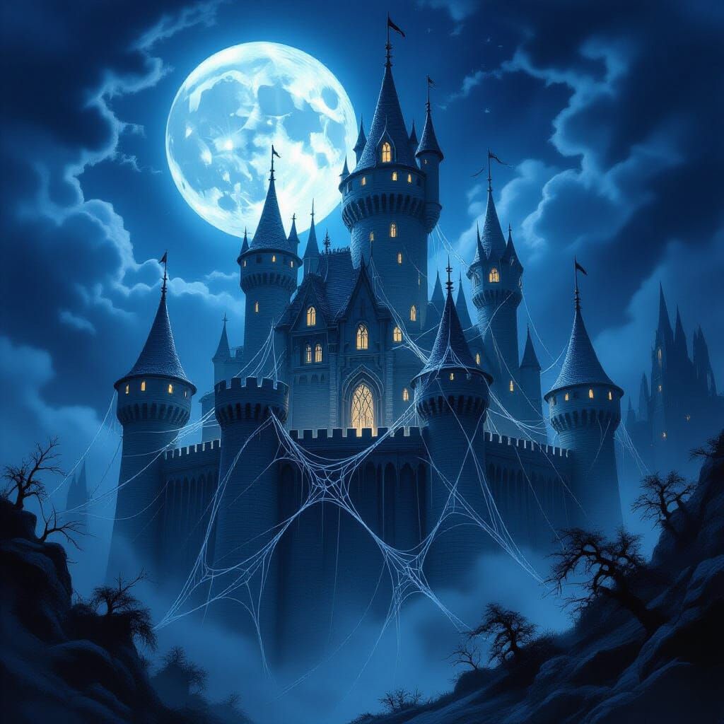 Ancient Spiderweb Castle Under Full Moon