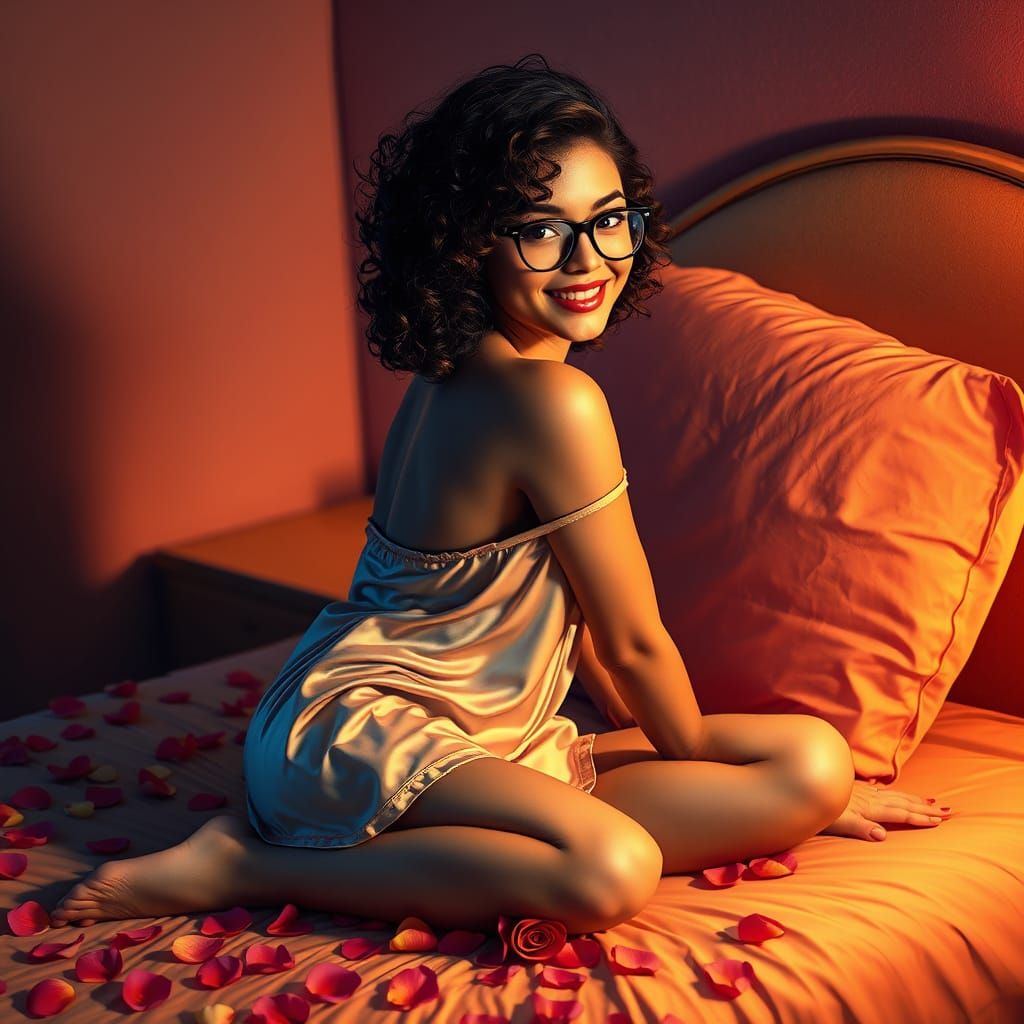 Woman on Bedside Table with Rose Petals