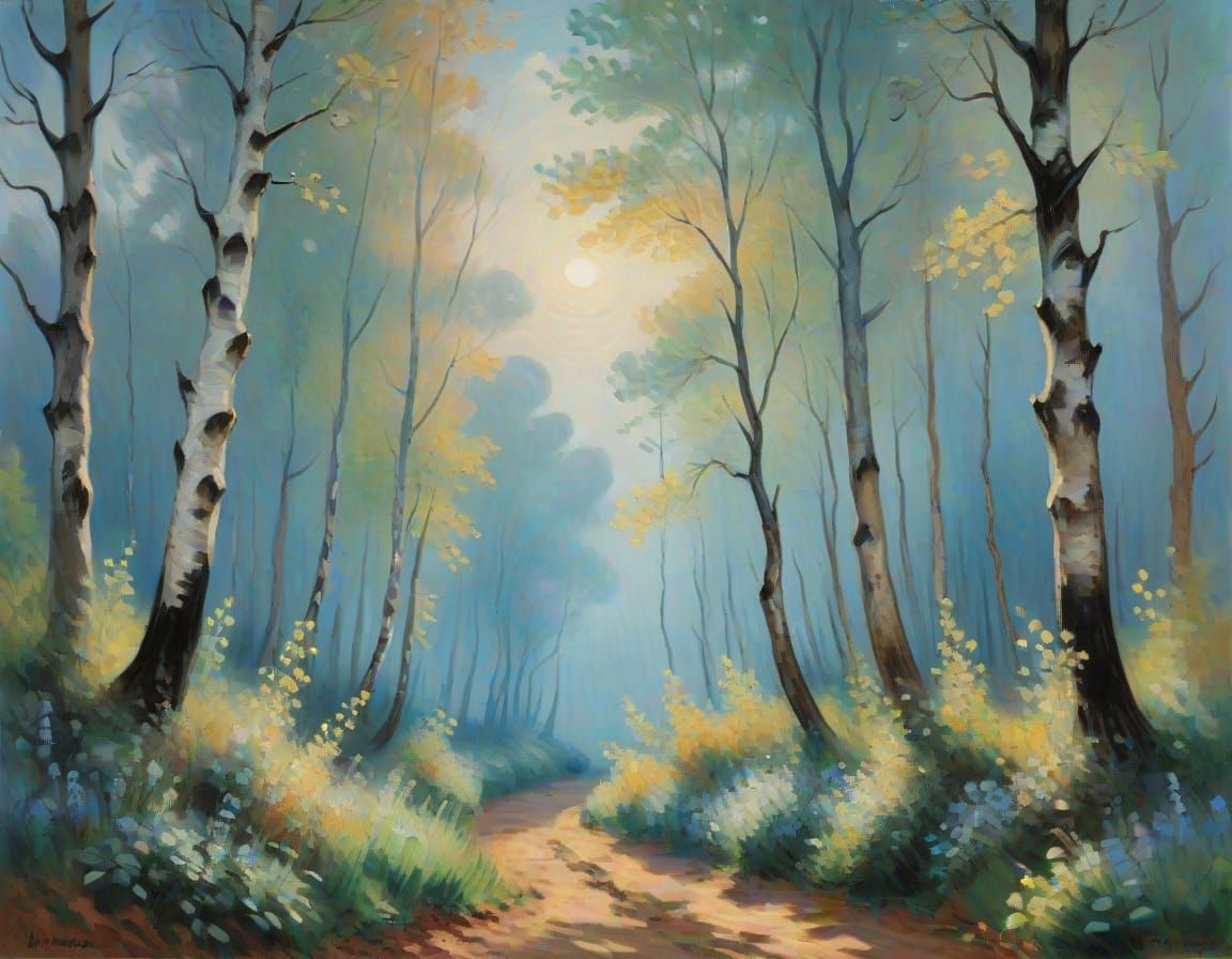 Impressionist Forest Scene at Dusk in Soft Blues and Golds