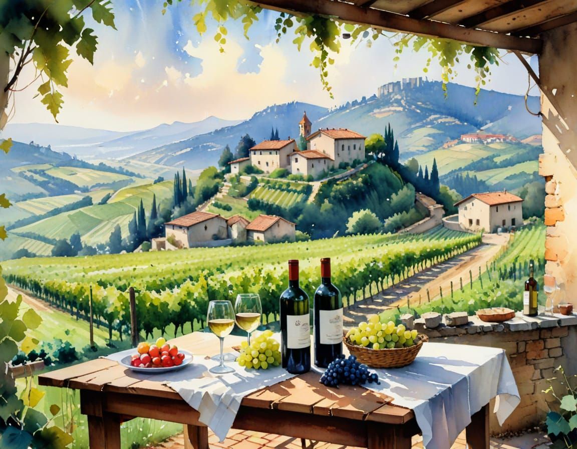 Italian Vineyard Scene in Watercolor Style