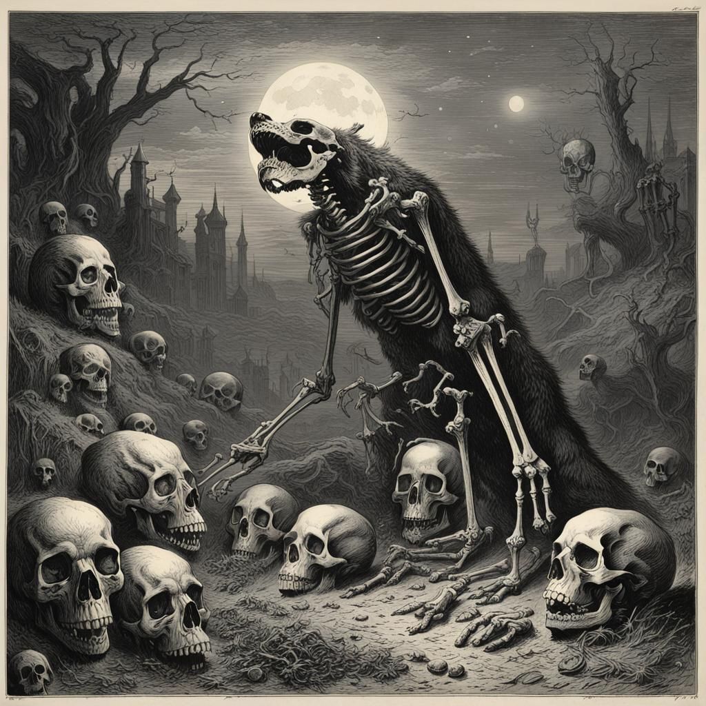 Starlight Wolf with Skeletons and Skulls
