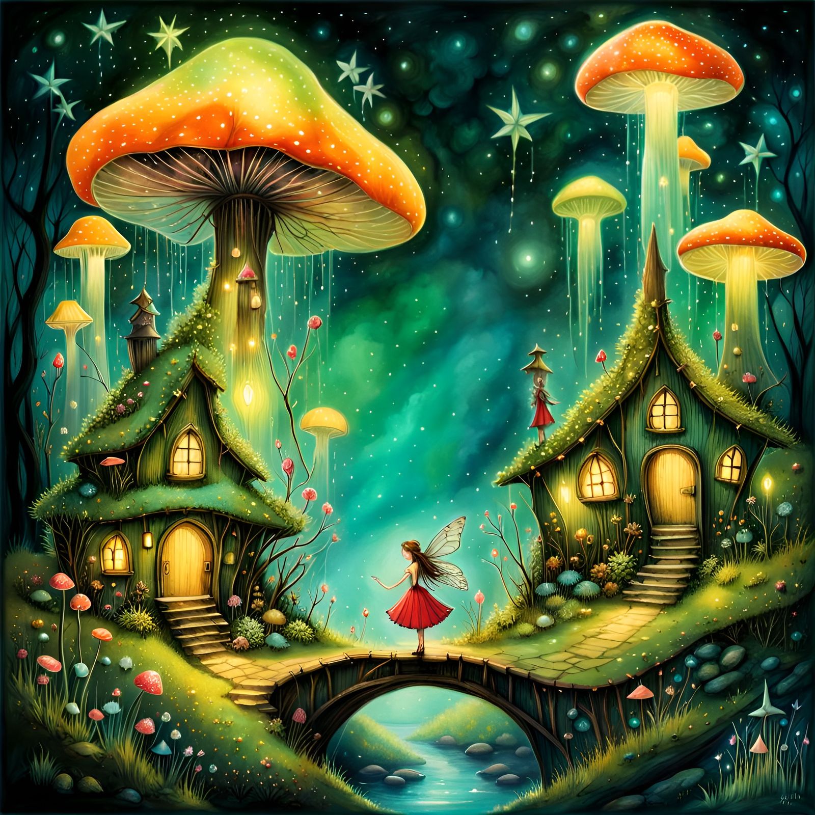 Glowing Fairy Village with Flying Fairies in Watercolor