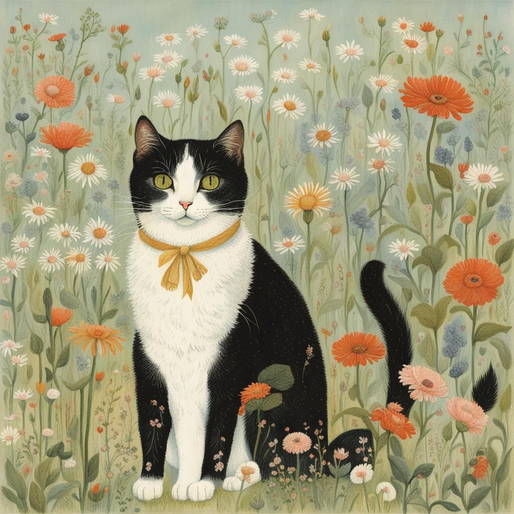 Vintage Cat Illustration in Botanical Art Style